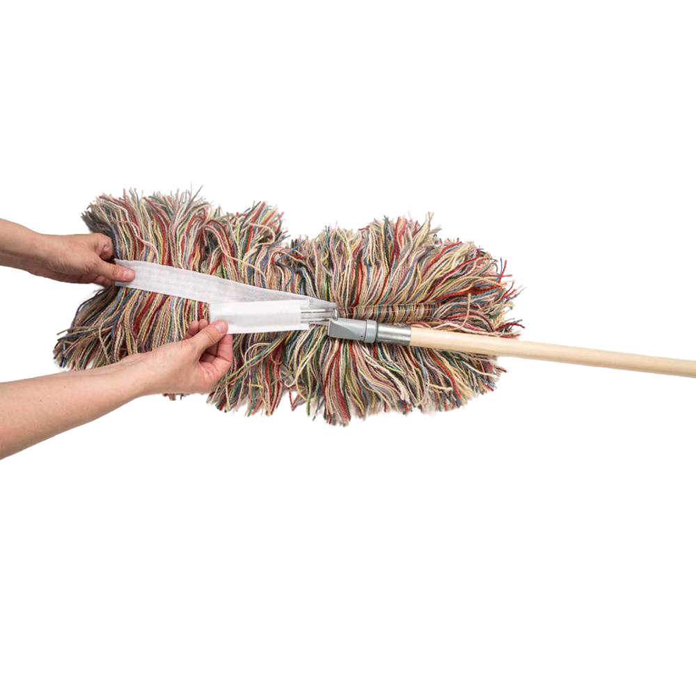Hands attaching a removable, multicolored wool mop head to a wooden handle, showcasing a handcrafted, USA-made cleaning tool from household and cleaning utensils collections.