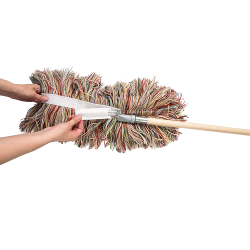 Hands attaching a removable, multicolored wool mop head to a wooden handle, showcasing a handcrafted, USA-made cleaning tool from household and cleaning utensils collections.