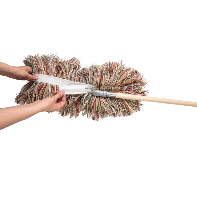 Hands attaching a removable, multicolored wool mop head to a wooden handle, showcasing a handcrafted, USA-made cleaning tool from household and cleaning utensils collections.