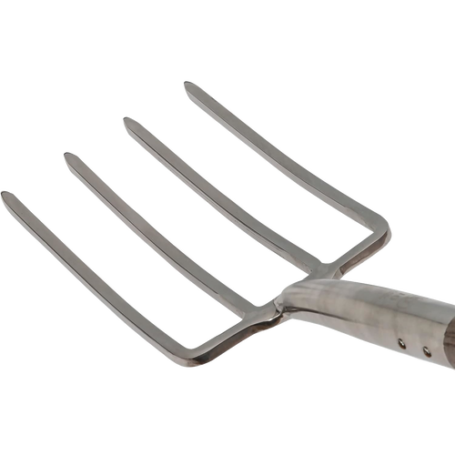 Heavy-duty traditional digging fork with mirror-polished stainless steel tines and weatherproof hardwood handle, ideal for farm, garden, and lawncare tasks in digging and cultivating collections.