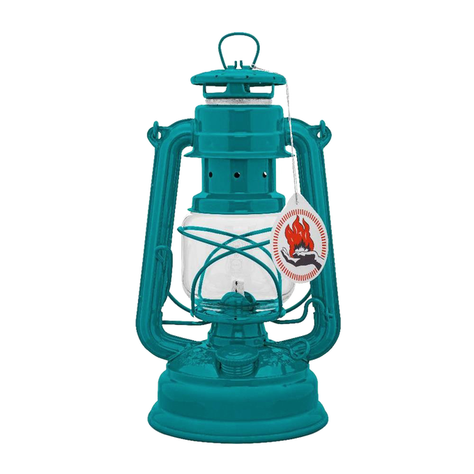 Handcrafted turquoise galvanized oil lantern featuring a durable thermal heat-resistant SUPRAX globe, perfect for Lamps & Lighting, Camping, Emergency Supplies, and outdoor use.