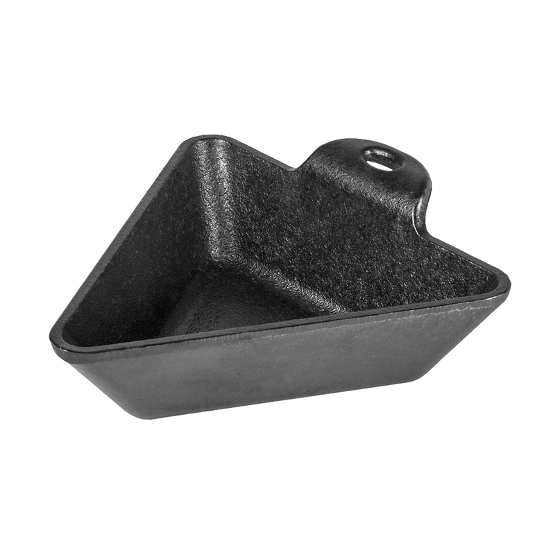 Triangle-shaped cast iron mini server with a seasoned finish for easy release, ideal for hot or cold dishes, crafted in the USA, featured in Kitchen & Food, Cookware, and Cast Iron collections.