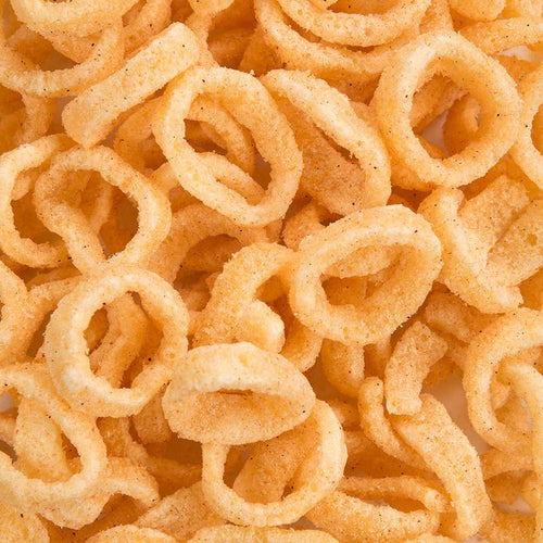 Close-up of crunchy onion flavored snack rings with a lightly seasoned, golden texture, a handcrafted USA made favorite in Kitchen & Food and Snacks collections.