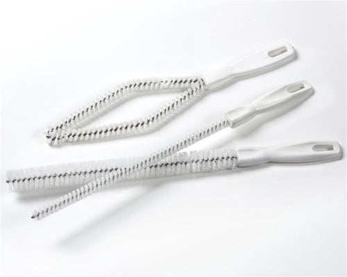 Set of three flexible nylon-bristle brushes with white handles designed for cleaning curved teakettle spouts, ideal for Home & Decor, Kitchen & Food, and Household Cleaning collections, made in USA.