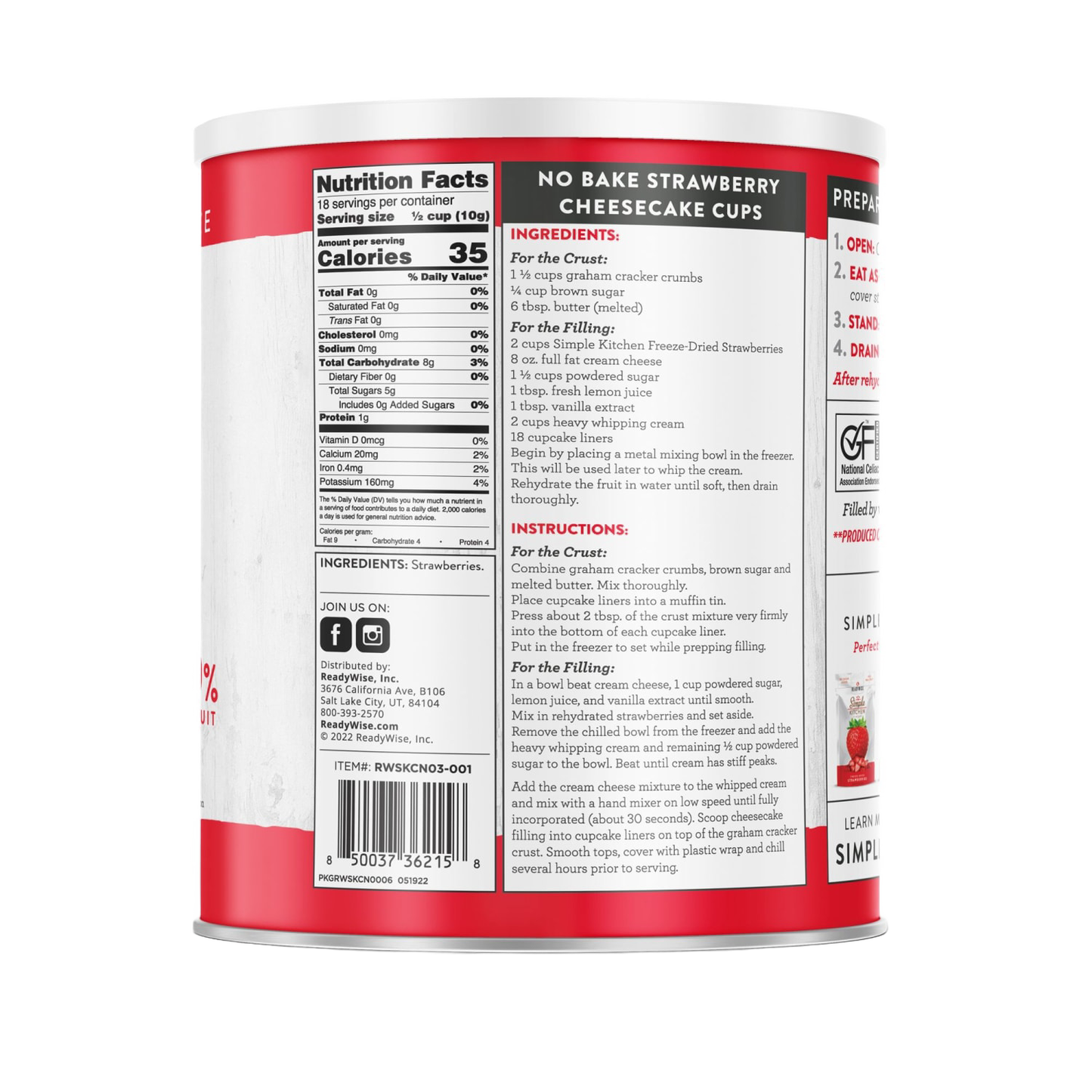 Can displaying the back of a ReadyWise Freeze-Dried Sliced Strawberries #10 can showing nutrition facts, ingredients, no bake strawberry cheesecake cups recipe, and product information, featured for Farm, Garden & Tool, Kitchen & Food, Emergency Supplies, Food, Freeze Dried, USA Made, Best Sellers, and Promo Eligible collections.