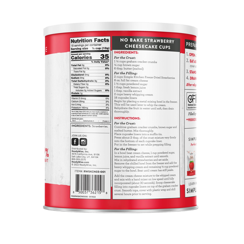 Can displaying the back of a ReadyWise Freeze-Dried Sliced Strawberries #10 can showing nutrition facts, ingredients, no bake strawberry cheesecake cups recipe, and product information, featured for Farm, Garden & Tool, Kitchen & Food, Emergency Supplies, Food, Freeze Dried, USA Made, Best Sellers, and Promo Eligible collections.