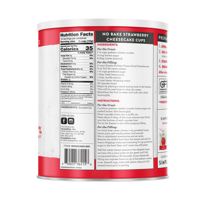 Can displaying the back of a ReadyWise Freeze-Dried Sliced Strawberries #10 can showing nutrition facts, ingredients, no bake strawberry cheesecake cups recipe, and product information, featured for Farm, Garden & Tool, Kitchen & Food, Emergency Supplies, Food, Freeze Dried, USA Made, Best Sellers, and Promo Eligible collections.