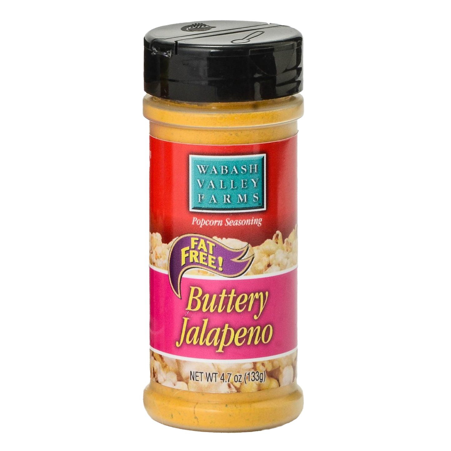 Clear plastic seasoning bottle with black lid containing bright yellow buttery jalapeno popcorn seasoning, labeled fat free and made in USA, featured in Kitchen & Food and Best Sellers collections.