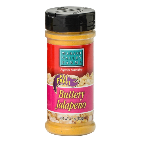 Clear plastic seasoning bottle with black lid containing bright yellow buttery jalapeno popcorn seasoning, labeled fat free and made in USA, featured in Kitchen & Food and Best Sellers collections.