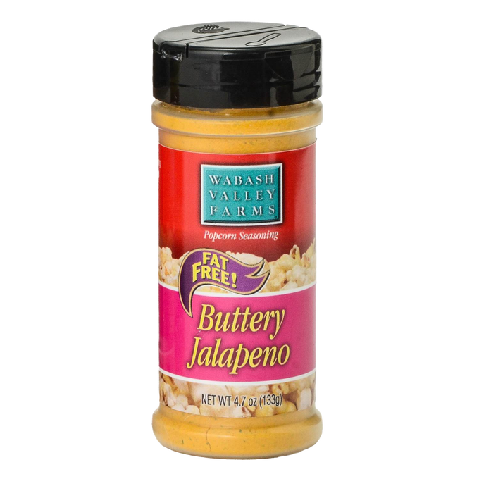 Clear plastic seasoning bottle with black lid containing bright yellow buttery jalapeno popcorn seasoning, labeled fat free and made in USA, featured in Kitchen & Food and Best Sellers collections.