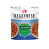 Resealable pouch of ReadyWise Still Lake Lasagna with Sausage meal featuring a mountain-themed label, highlighting 2.5 servings, 30 grams protein, made in USA, ideal for camping, pantry, and emergency supplies.