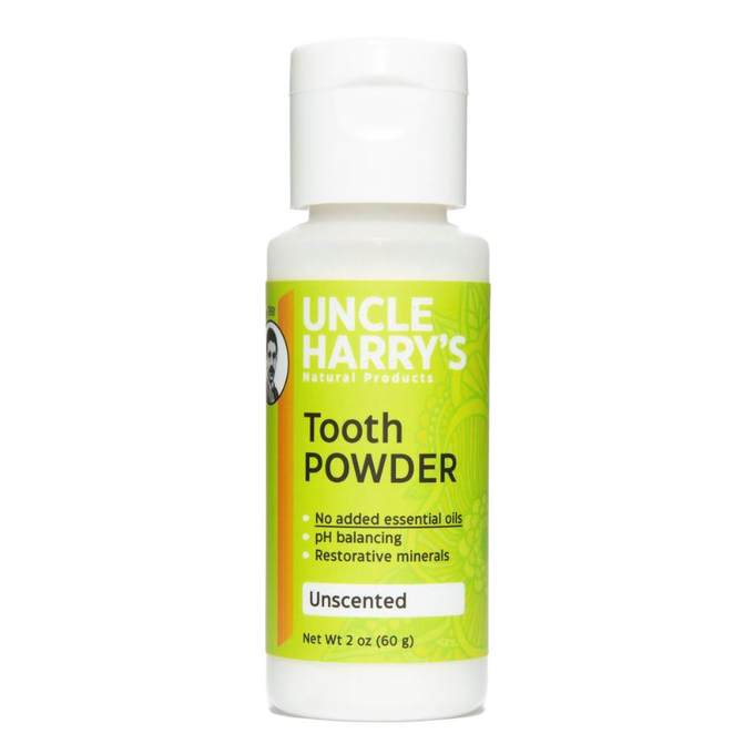 2 oz white plastic bottle of Uncle Harry’s natural tooth powder with bright green label highlighting pH balancing, restorative minerals, and unscented formula, USA made, featured in Health & Wellness and Grooming collections.