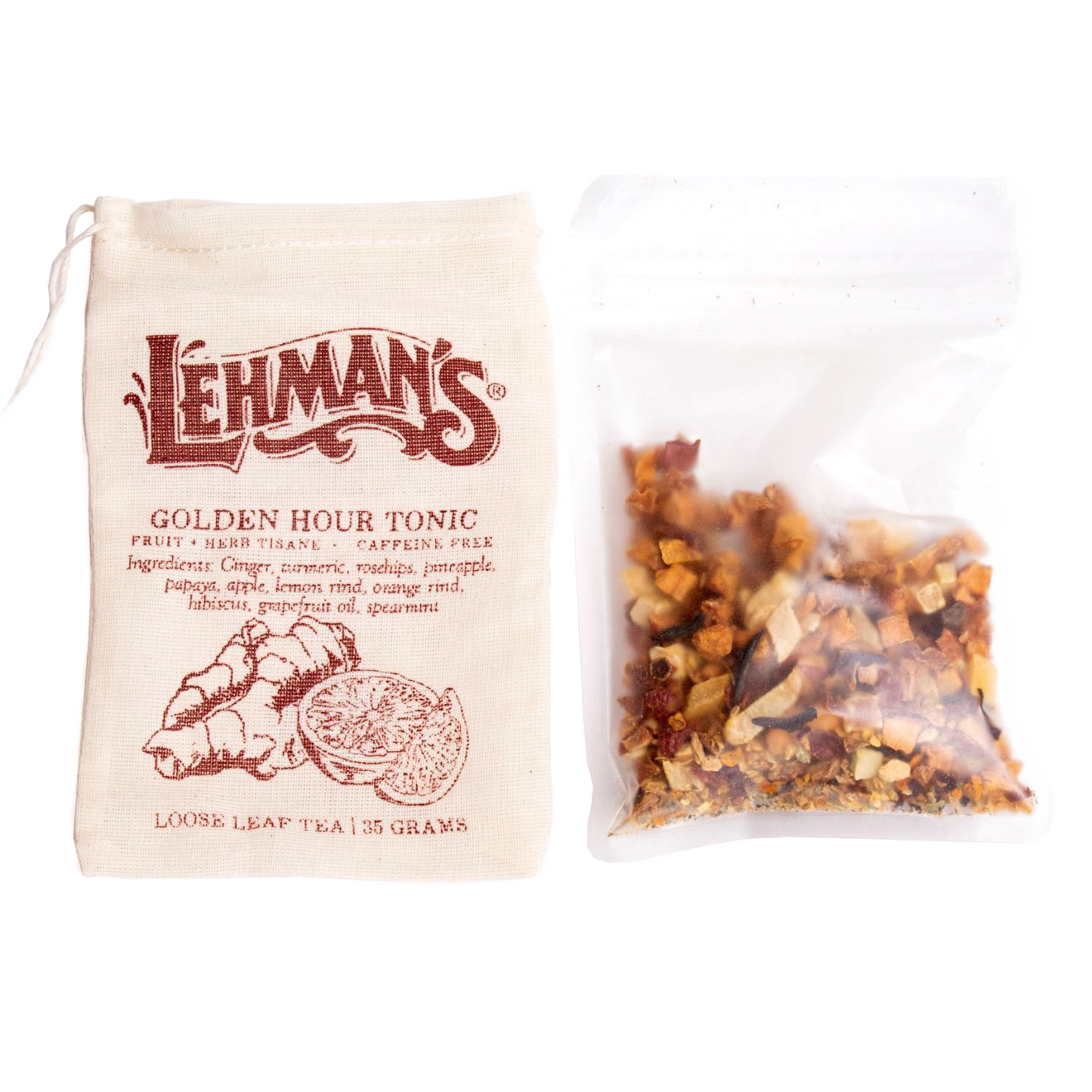Natural fabric drawstring bag labeled Lehman’s Golden Hour Tonic loose leaf fruit and herb tisane alongside a clear resealable pouch filled with handcrafted dried tea ingredients, a unique Amish made beverage from Kitchen & Food, Food, Beverages, USA Made, Best Sellers, and Promo Eligible collections.