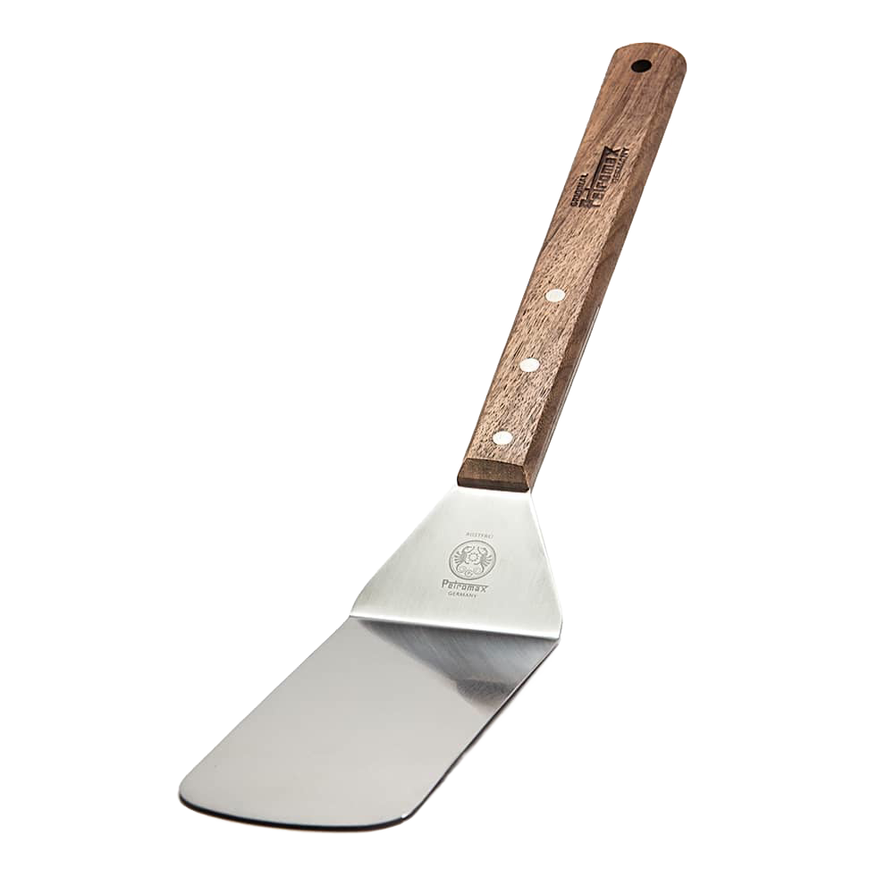 Flexible cooking spatula with a polished stainless steel blade and a smooth walnut handle, ideal for grilling and kitchen tasks in Kitchen & Food and Cooking and Baking Helpers collections.