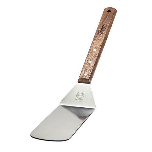 Flexible cooking spatula with a polished stainless steel blade and a smooth walnut handle, ideal for grilling and kitchen tasks in Kitchen & Food and Cooking and Baking Helpers collections.