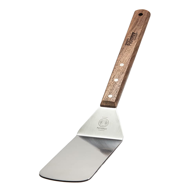 Flexible cooking spatula with a polished stainless steel blade and a smooth walnut handle, ideal for grilling and kitchen tasks in Kitchen & Food and Cooking and Baking Helpers collections.