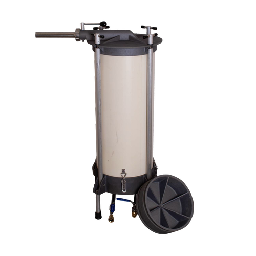 High-capacity water-powered sausage stuffer with a sturdy metal frame and cylindrical chamber, handcrafted and Amish made, ideal for Kitchen & Food and Butchering Supplies collections.