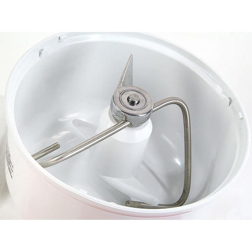 Close-up of a white mixing bowl with stainless steel dough hook attachment, part of hand-cranked kitchen tool collections featuring Amish made, USA made, and best-selling cookware and baking supplies.