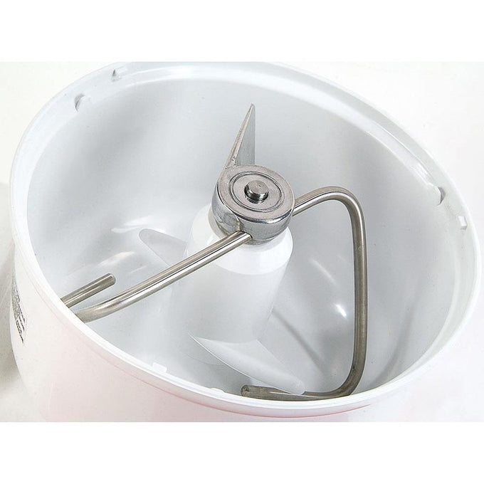 Close-up of a white mixing bowl with stainless steel dough hook attachment, part of hand-cranked kitchen tool collections featuring Amish made, USA made, and best-selling cookware and baking supplies.
