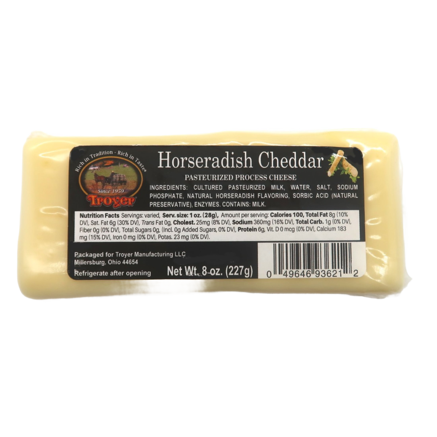 Handcrafted horseradish cheddar pasteurized cheese block weighing 8 ounces, made in USA, suitable for Kitchen & Food, Snacks and Sweets, Pantry, USA Made, Best Sellers, and Promo Eligible collections.