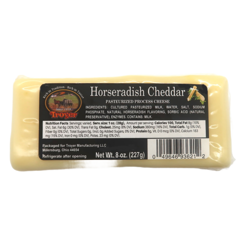 Handcrafted horseradish cheddar pasteurized cheese block weighing 8 ounces, made in USA, suitable for Kitchen & Food, Snacks and Sweets, Pantry, USA Made, Best Sellers, and Promo Eligible collections.