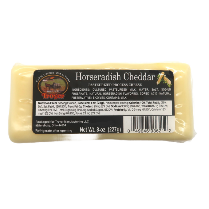Handcrafted horseradish cheddar pasteurized cheese block weighing 8 ounces, made in USA, suitable for Kitchen & Food, Snacks and Sweets, Pantry, USA Made, Best Sellers, and Promo Eligible collections.