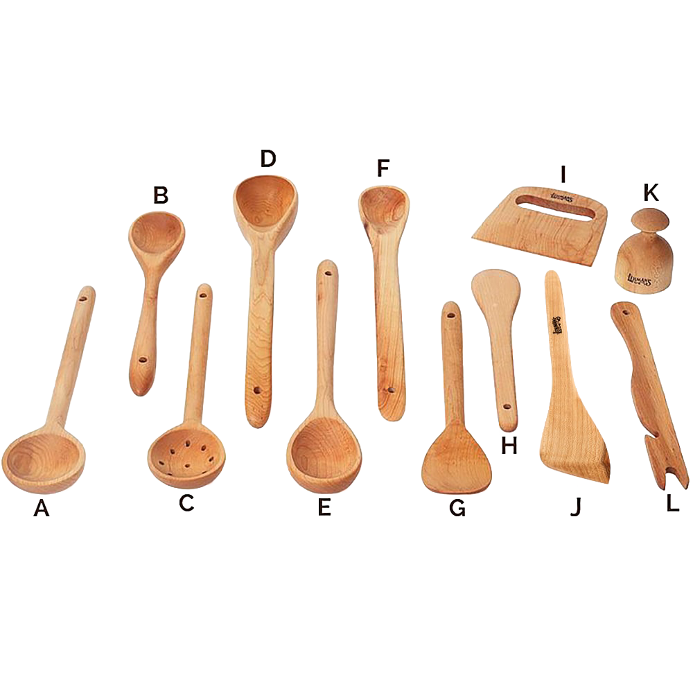 Collection of handcrafted solid American Hard Maple wooden utensils including ladle, slotted spoon, spatula, tamper, dough cutter, scraper, and scoop, perfect for Kitchen & Food, Holiday Hosting, Storage and Serving, USA Made, and Best Sellers collections.