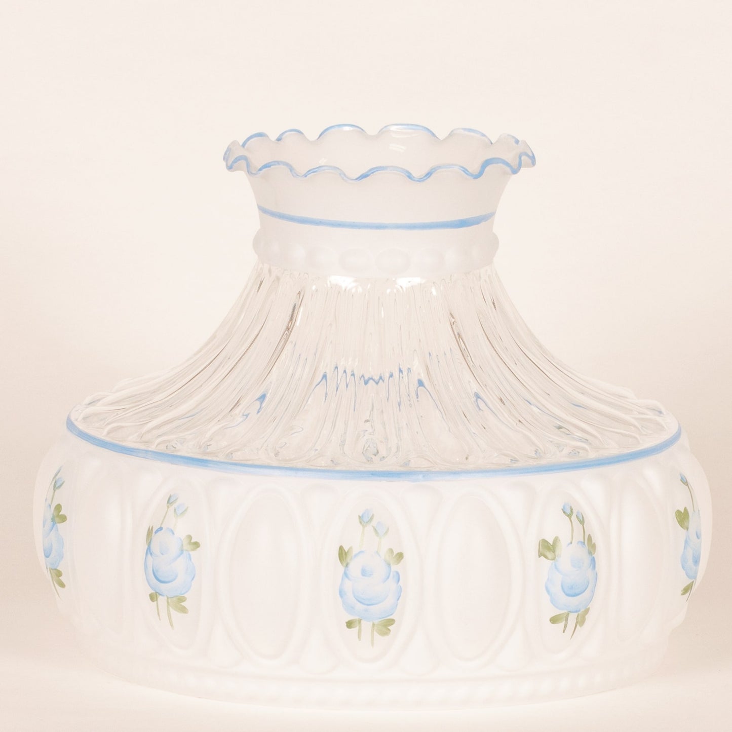 Handcrafted glass oil lamp shade featuring delicate blue rose patterns with scalloped edges, part of Lamps & Lighting, Lamp Shades, Parts and Accessories, Best Sellers, and Promo Eligible collections.