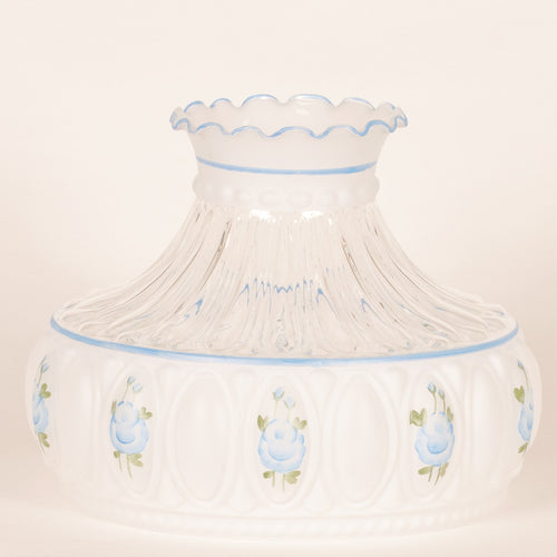 Handcrafted glass oil lamp shade featuring delicate blue rose patterns with scalloped edges, part of Lamps & Lighting, Lamp Shades, Parts and Accessories, Best Sellers, and Promo Eligible collections.