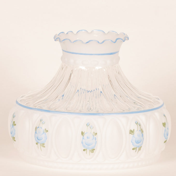 Handcrafted glass oil lamp shade featuring delicate blue rose patterns with scalloped edges, part of Lamps & Lighting, Lamp Shades, Parts and Accessories, Best Sellers, and Promo Eligible collections.