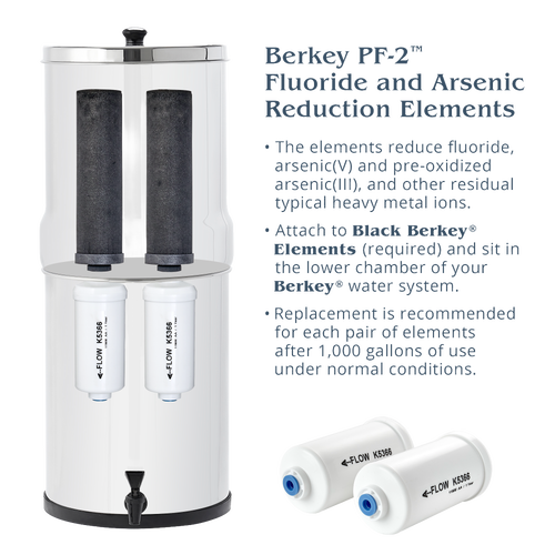 White water filter housing with two black optional reduction elements installed inside and two white replacement cartridges labeled with flow direction, used in water filtration for appliances, emergency supplies, and water treatment collections.
