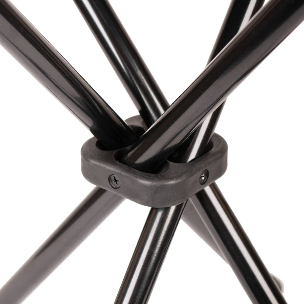 Close-up of sturdy black metal frame joint with screws on a four-legged folding stool designed for camping and outdoor use, featured in Farm, Garden & Tool and Camping collections.