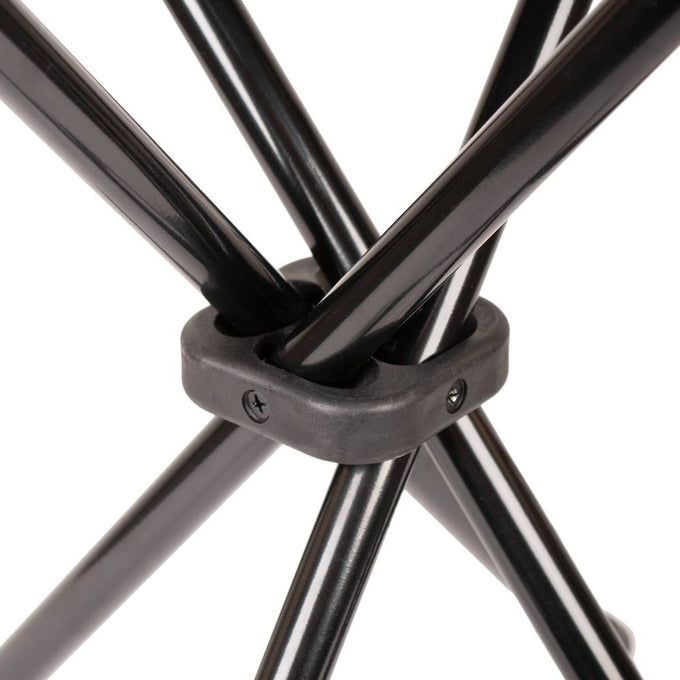 Close-up of sturdy black metal frame joint with screws on a four-legged folding stool designed for camping and outdoor use, featured in Farm, Garden & Tool and Camping collections.
