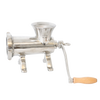 Handcrafted stainless steel mounted meat grinder with a wooden handle and pre-drilled holes for secure attachment, featured in Kitchen & Food, Specialty Equipment, and Butchering Supplies collections.