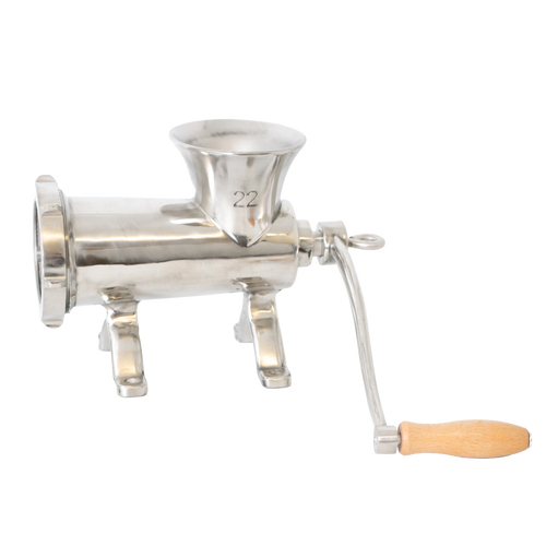 Handcrafted stainless steel mounted meat grinder with a wooden handle and pre-drilled holes for secure attachment, featured in Kitchen & Food, Specialty Equipment, and Butchering Supplies collections.