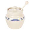 Handmade stoneware honey pot with lid and wooden dipper, featuring rustic cream color with classic blue stripes, crafted in USA for Kitchen & Food and Storage collections.