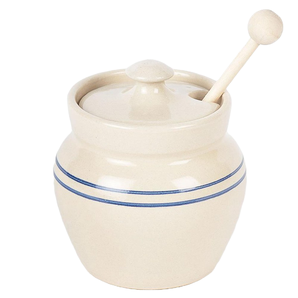 Handmade stoneware honey pot with lid and wooden dipper, featuring rustic cream color with classic blue stripes, crafted in USA for Kitchen & Food and Storage collections.