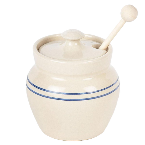 Handmade stoneware honey pot with lid and wooden dipper, featuring rustic cream color with classic blue stripes, crafted in USA for Kitchen & Food and Storage collections.