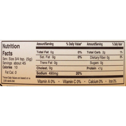 Close-up of nutrition facts for chicken soup base showing serving size, calories, sodium content, and macronutrient breakdown, suitable for Kitchen & Food and Pantry collections.