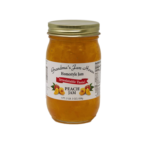 Handcrafted jar of peach jam with gold lid and white label highlighting homestyle flavor, made in USA, included in Kitchen & Food, Pantry, Peanut Butter & Jellies, Best Sellers, and Promo Eligible collections.