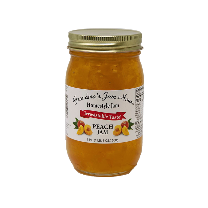 Handcrafted jar of peach jam with gold lid and white label highlighting homestyle flavor, made in USA, included in Kitchen & Food, Pantry, Peanut Butter & Jellies, Best Sellers, and Promo Eligible collections.