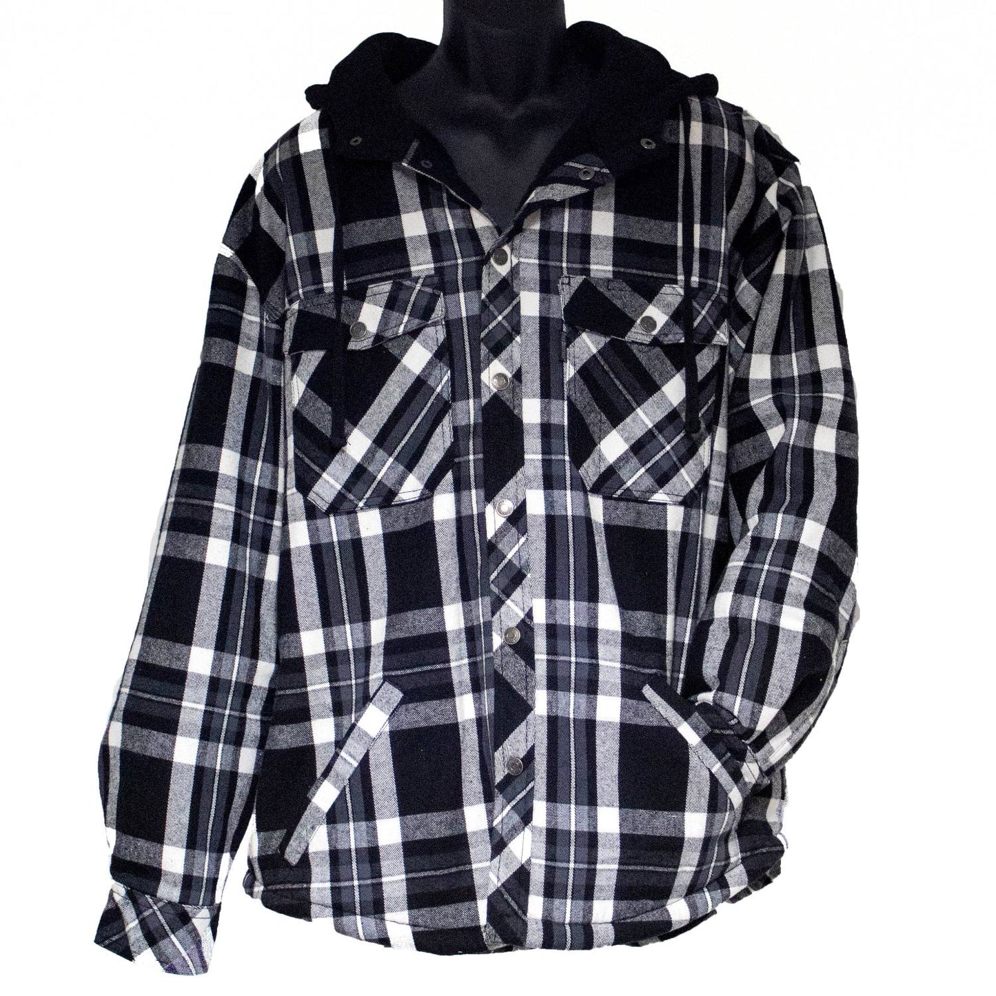 Handcrafted oversized hooded flannel jacket with plush sherpa lining and black, white, and gray plaid pattern, ideal for extra warmth in Health & Wellness and Clothing collections.