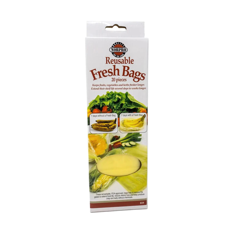 Package of handcrafted reusable fresh produce bags with 20 pieces, designed to extend fruit and vegetable freshness, featured in Kitchen & Food, Storage and Serving, and Best Sellers collections.