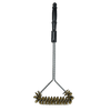 Barbecue brush with heavy-duty brass bristles and a wooden handle, designed for easy grill cleaning without scratching porcelain grids, ideal for grilling and camping use.