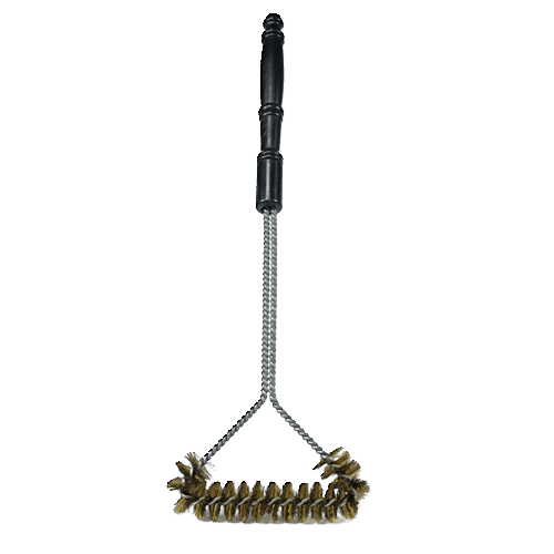 Barbecue brush with heavy-duty brass bristles and a wooden handle, designed for easy grill cleaning without scratching porcelain grids, ideal for grilling and camping use.
