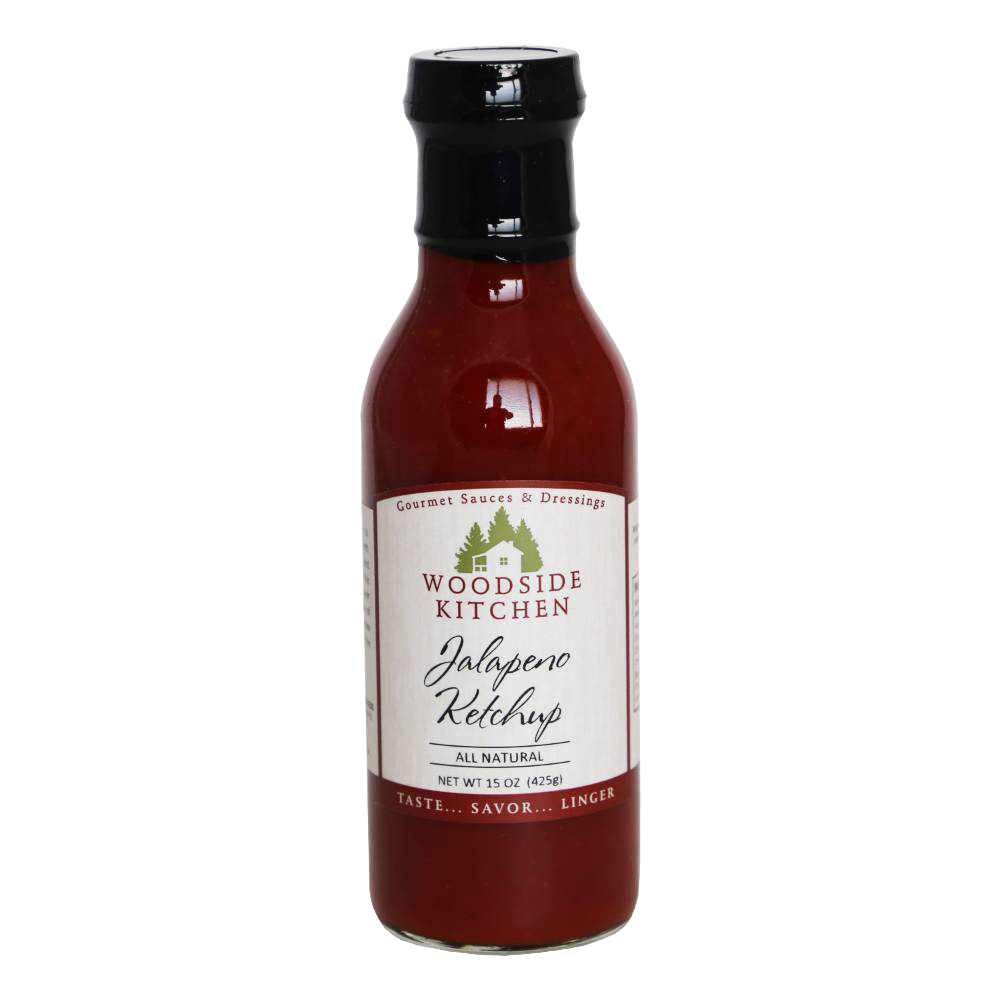 Glass bottle of all-natural jalapeno ketchup with black cap and white label, handcrafted in USA, ideal for Kitchen & Food, Food, Pantry, USA Made, Best Sellers, and Promo Eligible collections