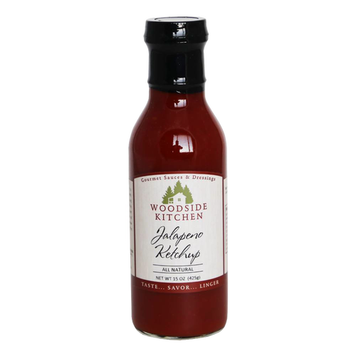 Glass bottle of all-natural jalapeno ketchup with black cap and white label, handcrafted in USA, ideal for Kitchen & Food, Food, Pantry, USA Made, Best Sellers, and Promo Eligible collections