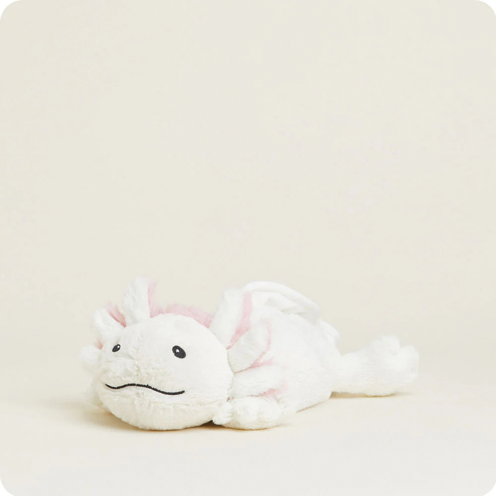 Soft and cuddly white and pale pink microwaveable plush axolotl weighted with soothing French lavender scent, ideal for Health & Wellness, Children's Toys, and Indoor Play collections.