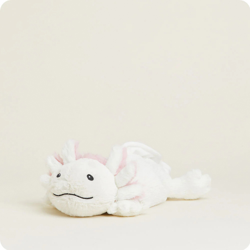 Soft and cuddly white and pale pink microwaveable plush axolotl weighted with soothing French lavender scent, ideal for Health & Wellness, Children's Toys, and Indoor Play collections.
