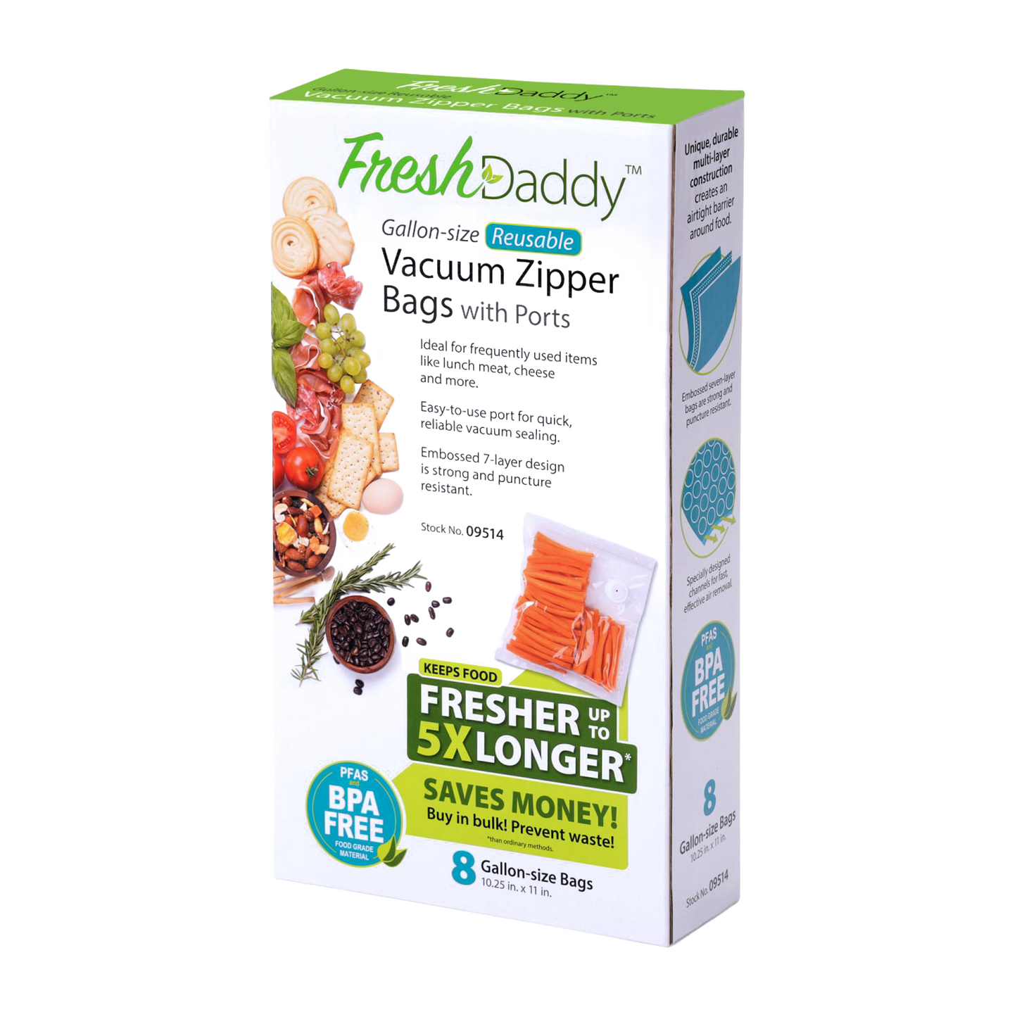 Box of Presto FreshDaddy reusable vacuum zipper bags designed for keeping food fresher up to five times longer, BPA-free and ideal for kitchen, food preservation, freezing, and storage uses.